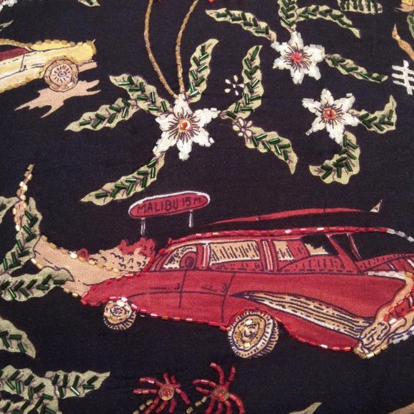 Handmade EUC Vintage Bag Bamboo Handles & 1950's sequined Auto Designs - Picture 3 of 7